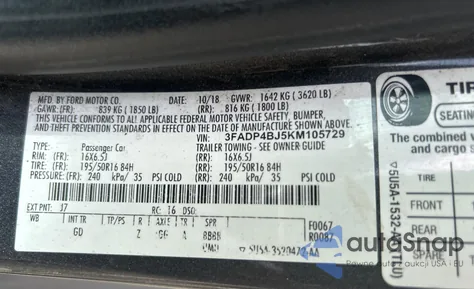 2019 Ford Fiesta Se из США, поврежденный, VIN 3FADP4BJ5KM105729